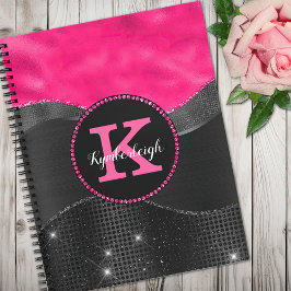 Girly Black Grey Hot Pink Waves Glam Monogram Naam Notitieboek