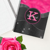 Girly Black Grey Hot Pink Waves Glam Monogram Naam Notitieboek