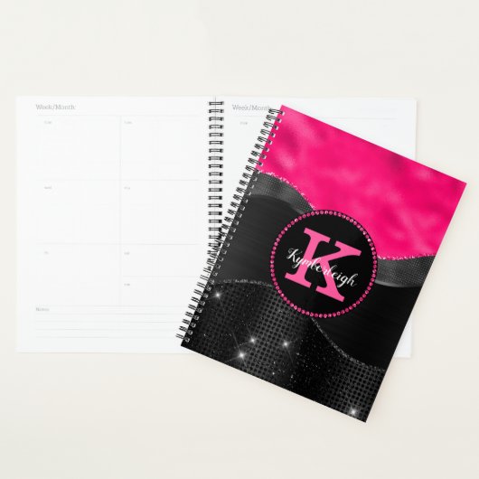 Girly Black Grey Hot Pink Waves Glam Monogram Naam Planner (Display)