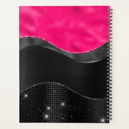 Girly Black Grey Hot Pink Waves Glam Monogram Naam Planner (Achterkant)