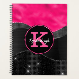 Girly Black Grey Hot Pink Waves Glam Monogram Naam Planner