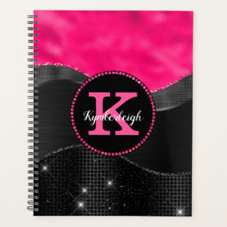 Girly Black Grey Hot Pink Waves Glam Monogram Naam Planner