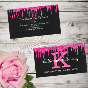 Girly Black Hot Pink Glitter Drift Chic Monogram Visitekaartje