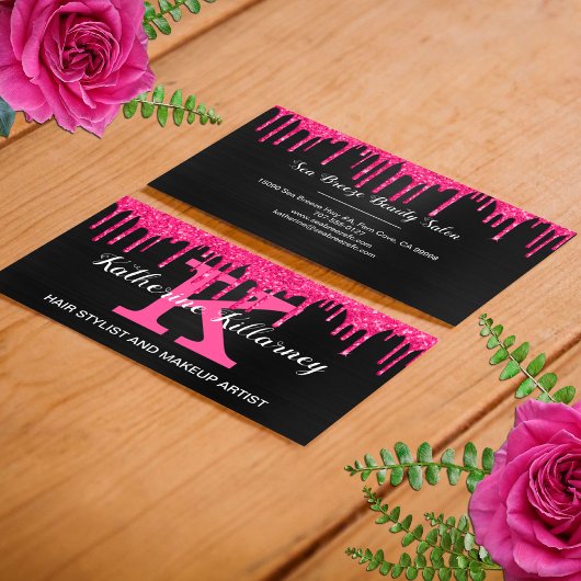 Girly Black Hot Pink Glitter Drift Chic Monogram Visitekaartje