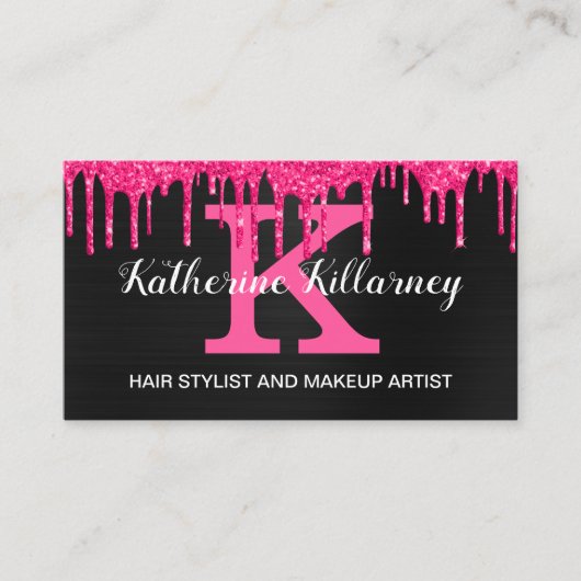 Girly Black Hot Pink Glitter Drift Chic Monogram Visitekaartje (Voorkant)