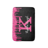 Girly Black Hot Pink Glitter Drift Monogram Naam Badmat (Voorkant Verticaal)