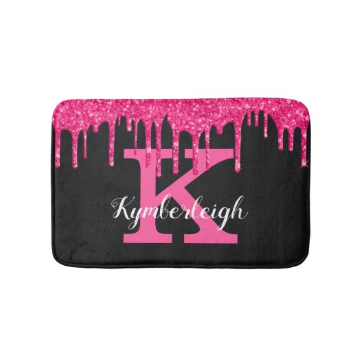 Girly Black Hot Pink Glitter Drift Monogram Naam Badmat (Voorkant)