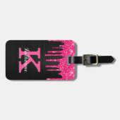Girly Black Hot Pink Glitter Drift Monogram Naam Bagagelabel (Voorkant horizontaal)