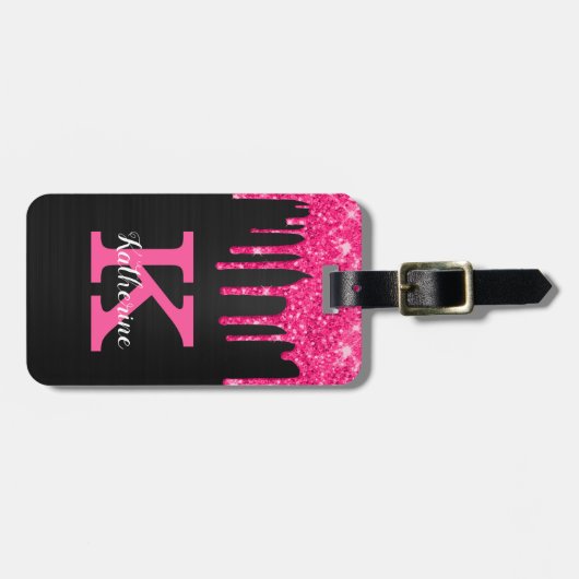 Girly Black Hot Pink Glitter Drift Monogram Naam Bagagelabel (Voorkant horizontaal)