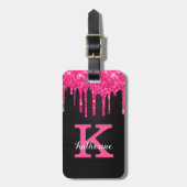 Girly Black Hot Pink Glitter Drift Monogram Naam Bagagelabel (Voorkant verticaal)