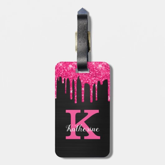 Girly Black Hot Pink Glitter Drift Monogram Naam Bagagelabel (Achterkant verticaal)