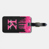 Girly Black Hot Pink Glitter Drift Monogram Naam Bagagelabel (Achterkant horizontaal)