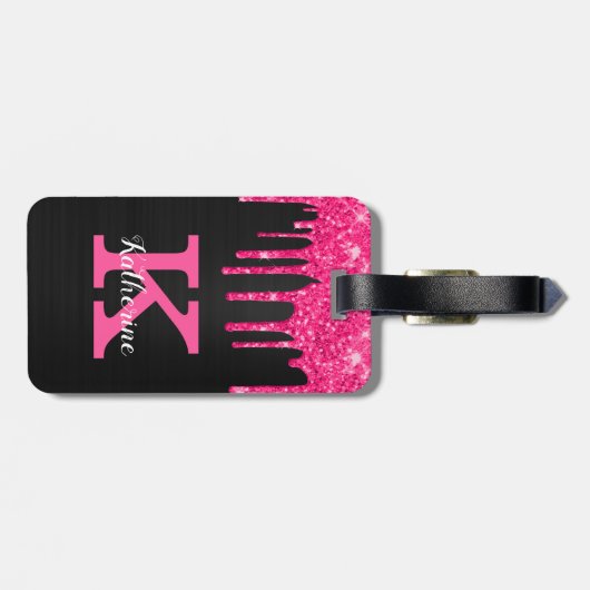Girly Black Hot Pink Glitter Drift Monogram Naam Bagagelabel (Achterkant horizontaal)