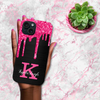 Girly Black Hot Pink Glitter Drift Monogram Naam