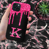 Girly Black Hot Pink Glitter Drift Monogram Naam Case-Mate iPhone Case