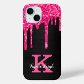 Girly Black Hot Pink Glitter Drift Monogram Naam Case-Mate iPhone Case (Achterkant)
