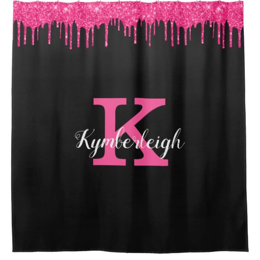Girly Black Hot Pink Glitter Drift Monogram Naam Douchegordijn (Voorkant)