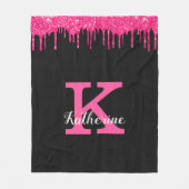 Girly Black Hot Pink Glitter Drift Monogram Naam Fleece Deken (Voorkant)