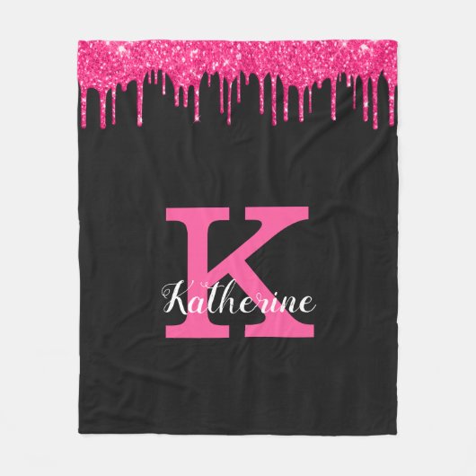 Girly Black Hot Pink Glitter Drift Monogram Naam Fleece Deken (Voorkant)
