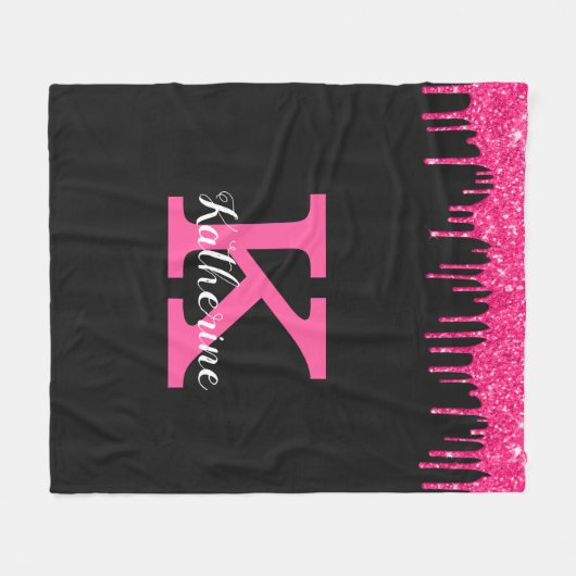 Girly Black Hot Pink Glitter Drift Monogram Naam Fleece Deken (Voorkant (Horizontaal))