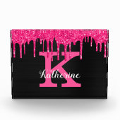 Girly Black Hot Pink Glitter Drift Monogram Naam Fotoblokken (Voorkant)