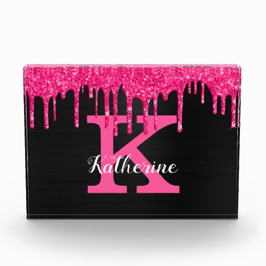 Girly Black Hot Pink Glitter Drift Monogram Naam Fotoblokken (Voorkant)