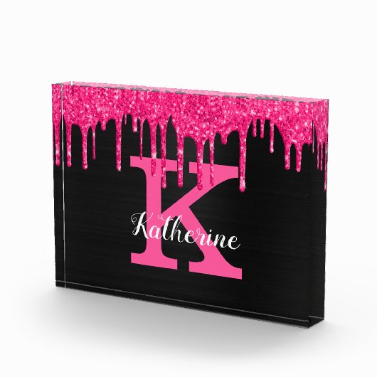 Girly Black Hot Pink Glitter Drift Monogram Naam Fotoblokken (Rechts)