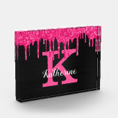 Girly Black Hot Pink Glitter Drift Monogram Naam Fotoblokken (Links)