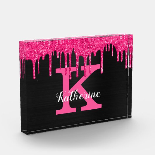 Girly Black Hot Pink Glitter Drift Monogram Naam Fotoblokken (Links)