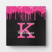 Girly Black Hot Pink Glitter Drift Monogram Naam Fotoplaat (Voorkant)