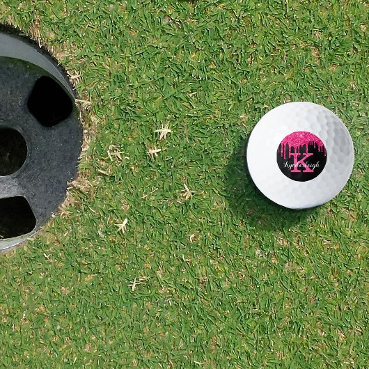 Girly Black Hot Pink Glitter Drift Monogram Naam Golfballen