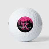 Girly Black Hot Pink Glitter Drift Monogram Naam Golfballen (Voorkant)
