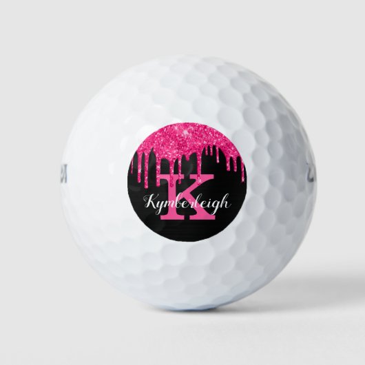Girly Black Hot Pink Glitter Drift Monogram Naam Golfballen (Voorkant)
