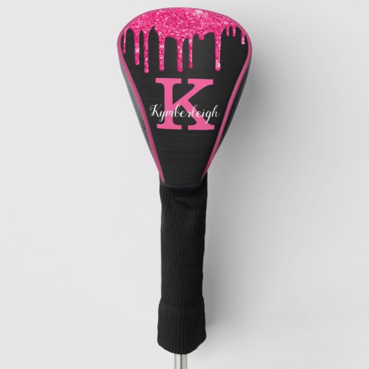 Girly Black Hot Pink Glitter Drift Monogram Naam Golfheadcover (Voorkant)