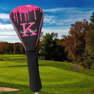 Girly Black Hot Pink Glitter Drift Monogram Naam Golfheadcover