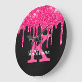 Girly Black Hot Pink Glitter Drift Monogram Naam Grote Klok (Hoek)