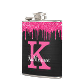 Girly Black Hot Pink Glitter Drift Monogram Naam Heupfles (Links)