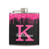 Girly Black Hot Pink Glitter Drift Monogram Naam Heupfles (Voorkant)