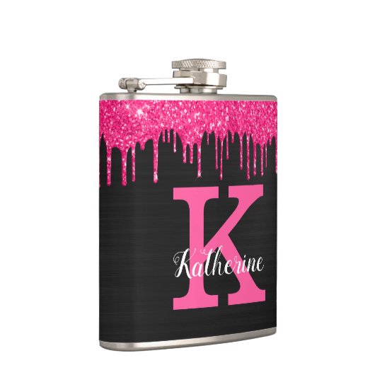 Girly Black Hot Pink Glitter Drift Monogram Naam Heupfles (Rechts)