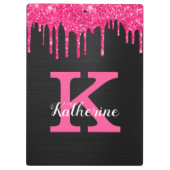 Girly Black Hot Pink Glitter Drift Monogram Naam Klembord (Achterkant)