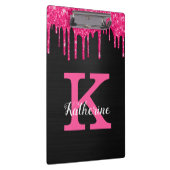 Girly Black Hot Pink Glitter Drift Monogram Naam Klembord (Rechts)