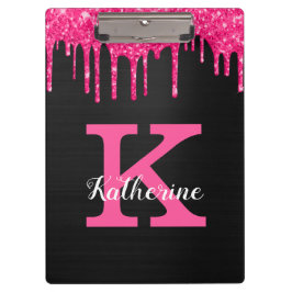 Girly Black Hot Pink Glitter Drift Monogram Naam Klembord
