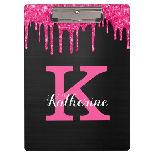 Girly Black Hot Pink Glitter Drift Monogram Naam Klembord (Voorkant)