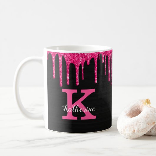Girly Black Hot Pink Glitter Drift Monogram Naam Koffiemok (Met donut)