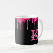 Girly Black Hot Pink Glitter Drift Monogram Naam Koffiemok (Voorkant rechts)