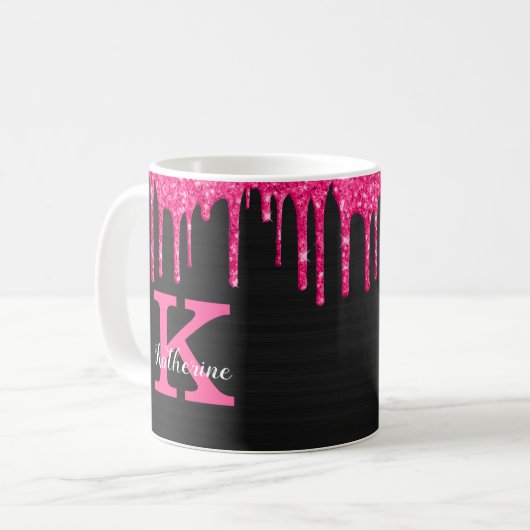 Girly Black Hot Pink Glitter Drift Monogram Naam Koffiemok (Voorkant links)