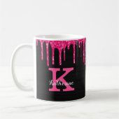 Girly Black Hot Pink Glitter Drift Monogram Naam Koffiemok (Links)