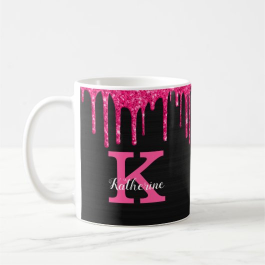 Girly Black Hot Pink Glitter Drift Monogram Naam Koffiemok (Links)
