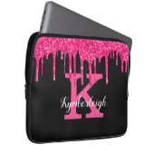 Girly Black Hot Pink Glitter Drift Monogram Naam Laptop Sleeve (Voorkant Rechts)