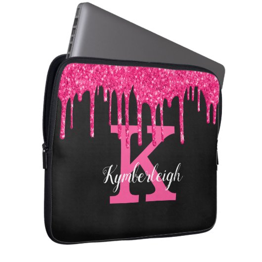 Girly Black Hot Pink Glitter Drift Monogram Naam Laptop Sleeve (Voorkant Rechts)